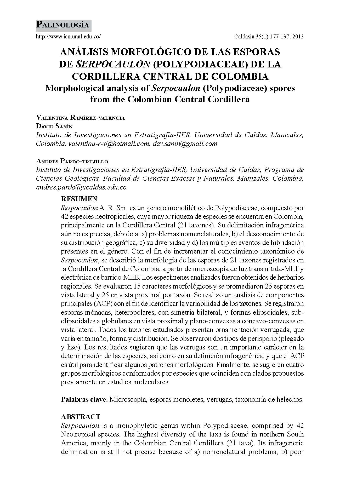 En este momento estÃ¡s viendo Morphological analysis of Serpocaulon (Polypodiaceae) spores from the Colombian Central Cordillera â”‚ 2013