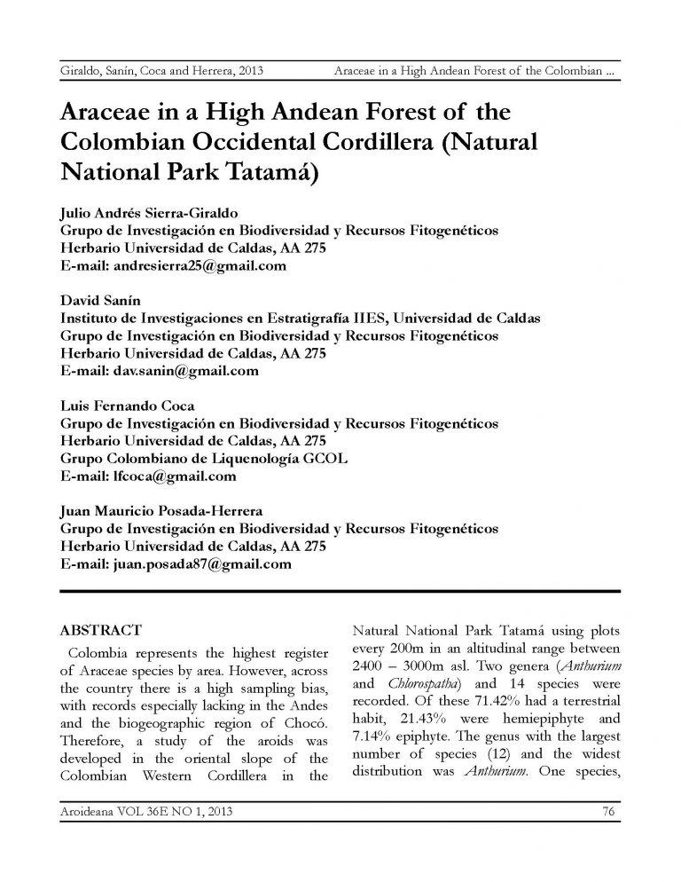 Lee mÃ¡s sobre el artÃ­culo Araceae in a High Andean Forest of the Colombian Occidental Cordillera (Natural National Park TatamÃ¡) â”‚ 2013