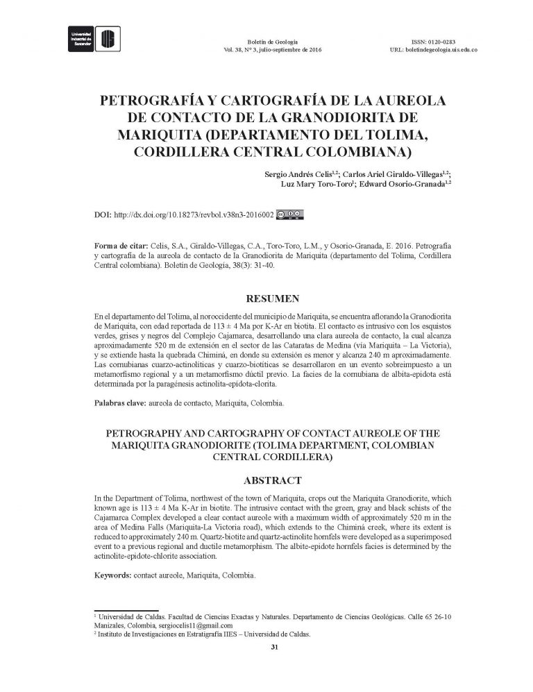 Lee mÃ¡s sobre el artÃ­culo PetrografÃ­a y cartografÃ­a de la aureola de contacto de la granodiorita de Mariquita (Departamento del Tolima, Cordillera Central Colombiana) â”‚ 2016