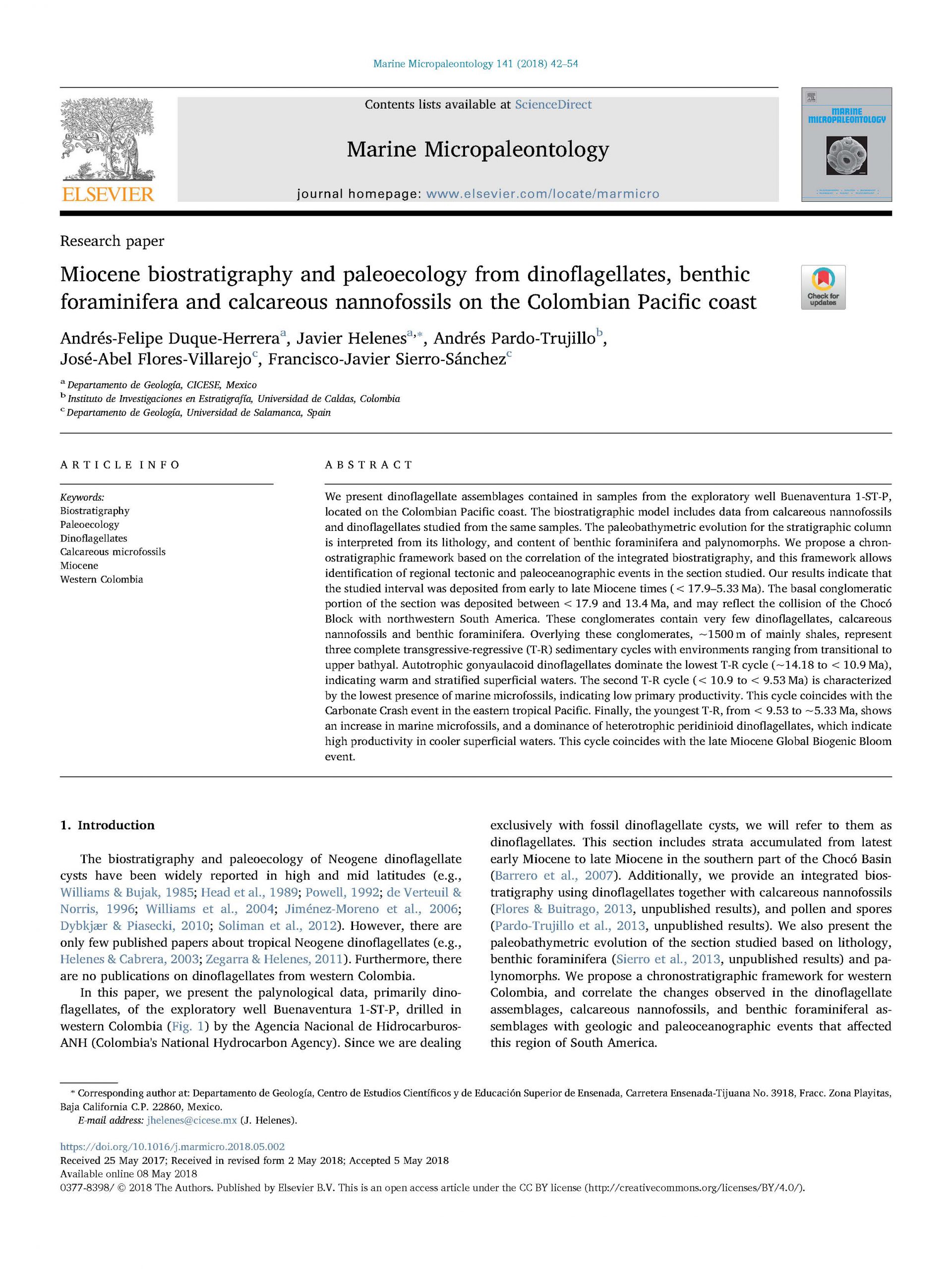 En este momento estás viendo Miocene biostratigraphy and paleoecology from dinoflagellates, benthic foraminifera and calcareous nannofossils on the Colombian Pacific coast │ 2018