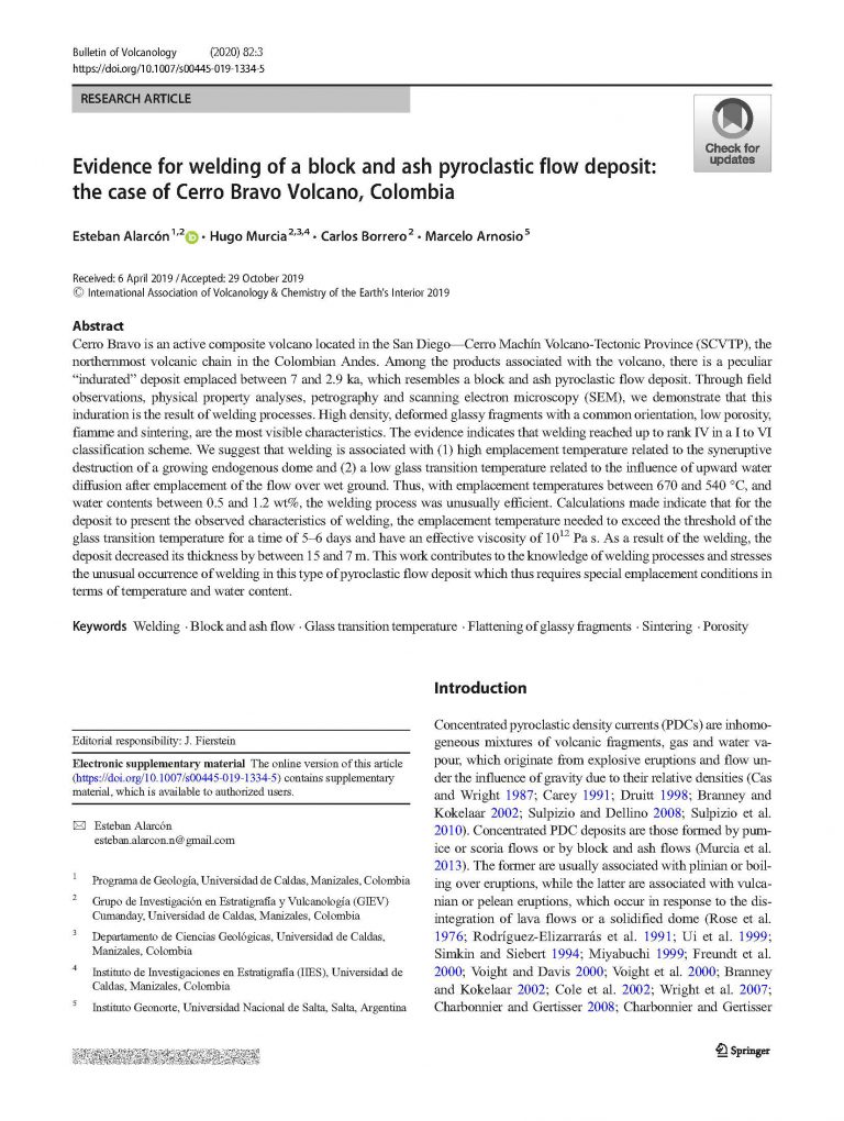 Lee más sobre el artículo Evidence for welding of a block and ash pyroclastic flow deposit: the case of Cerro Bravo Volcano, Colombia │ 2019