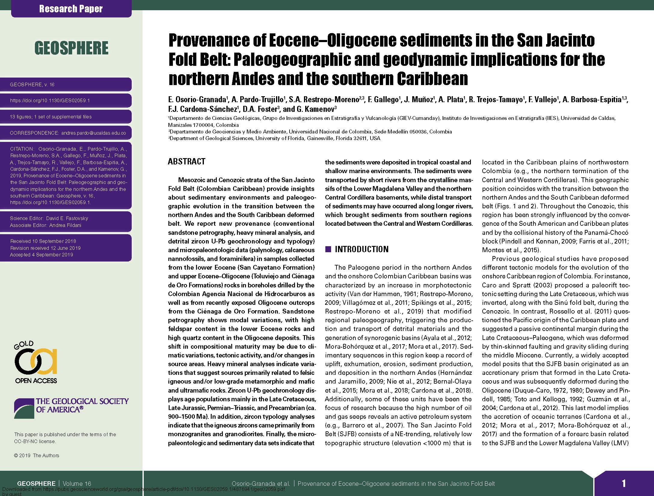 En este momento estás viendo Provenance of Eocene–Oligocene sediments in the San Jacinto Fold Belt: Paleogeographic and geodynamic implications for the northern Andes and the southern Caribbean │ 2019