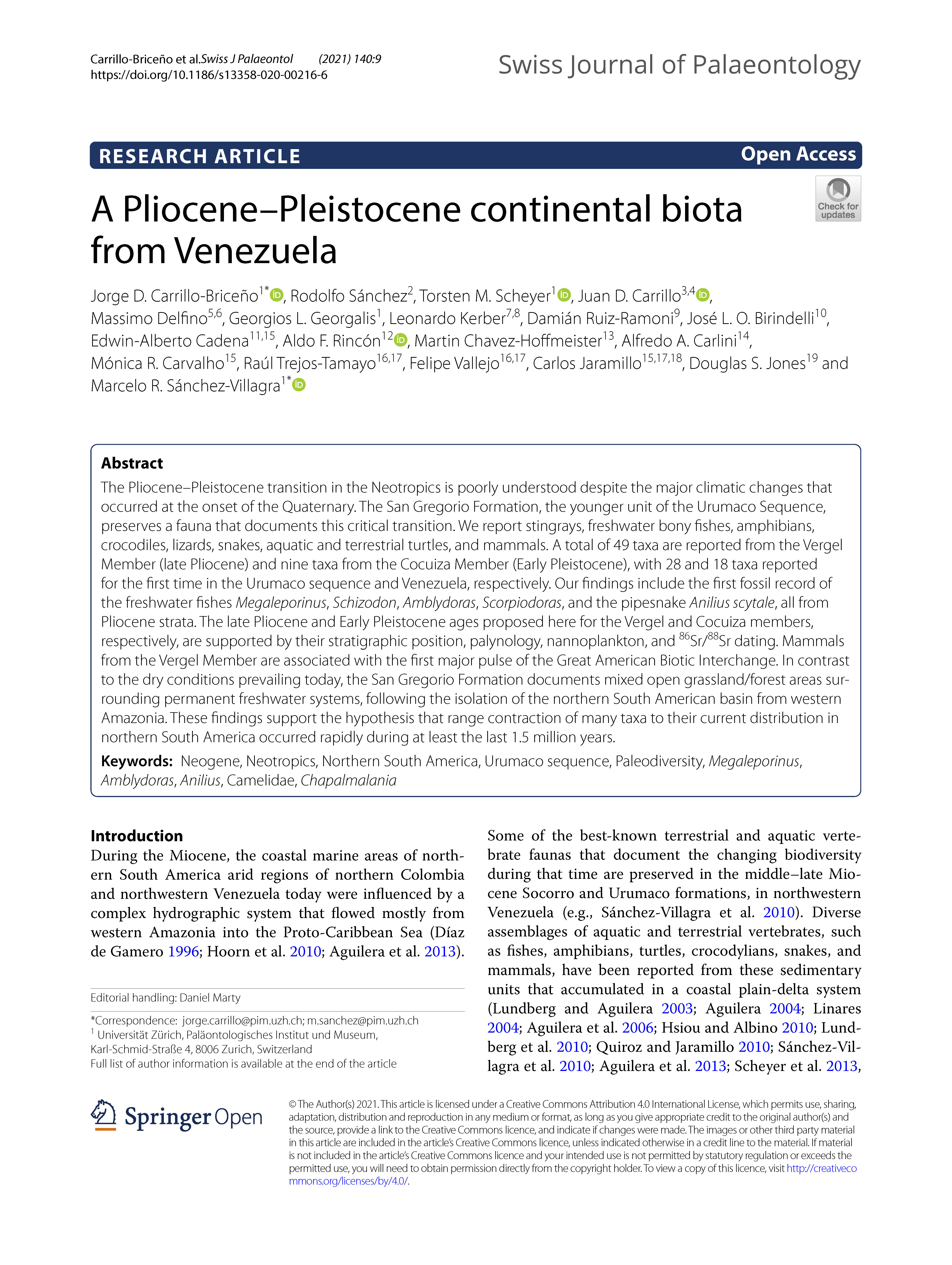 En este momento estÃ¡s viendo A Plioceneâ€“Pleistocene continental biota from Venezuela â”‚ 2021